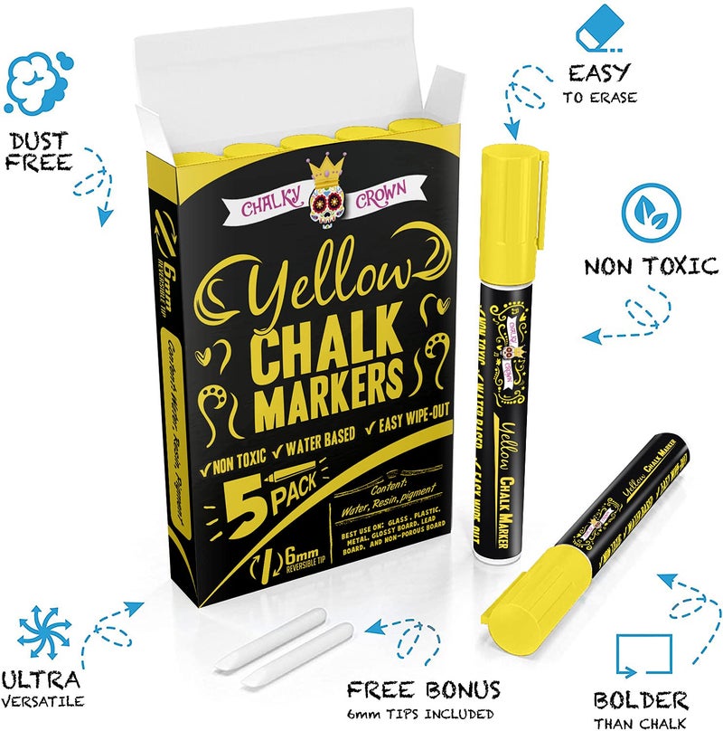 CHALKY CROWN قلم ماركر سائل تشالكي كراون - قلم مسح جاف - أقلام تشالك لعلامات السبورة، النوافذ، السبورة السوداء، الزجاج - طرف قابل للعكس 6 مم (أصفر، 5 عبوات) - Image 3